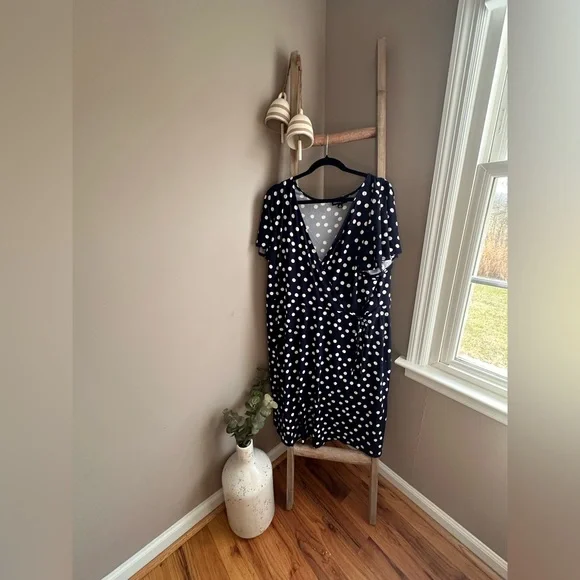 Navy Polka Dot Midi Wrap Dress - Picture 1 of 2